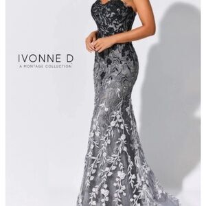 Ivonne D Silver Lace Strapless Maxi Dress